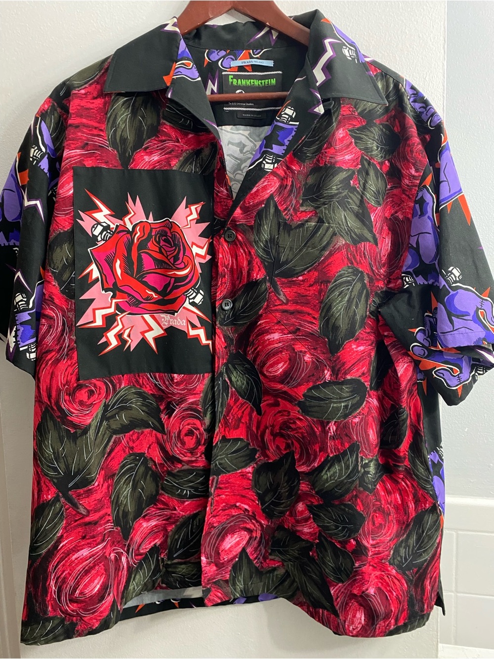 Prada Red Rose Graphic Short-Sleeve Button-Down Shirt
